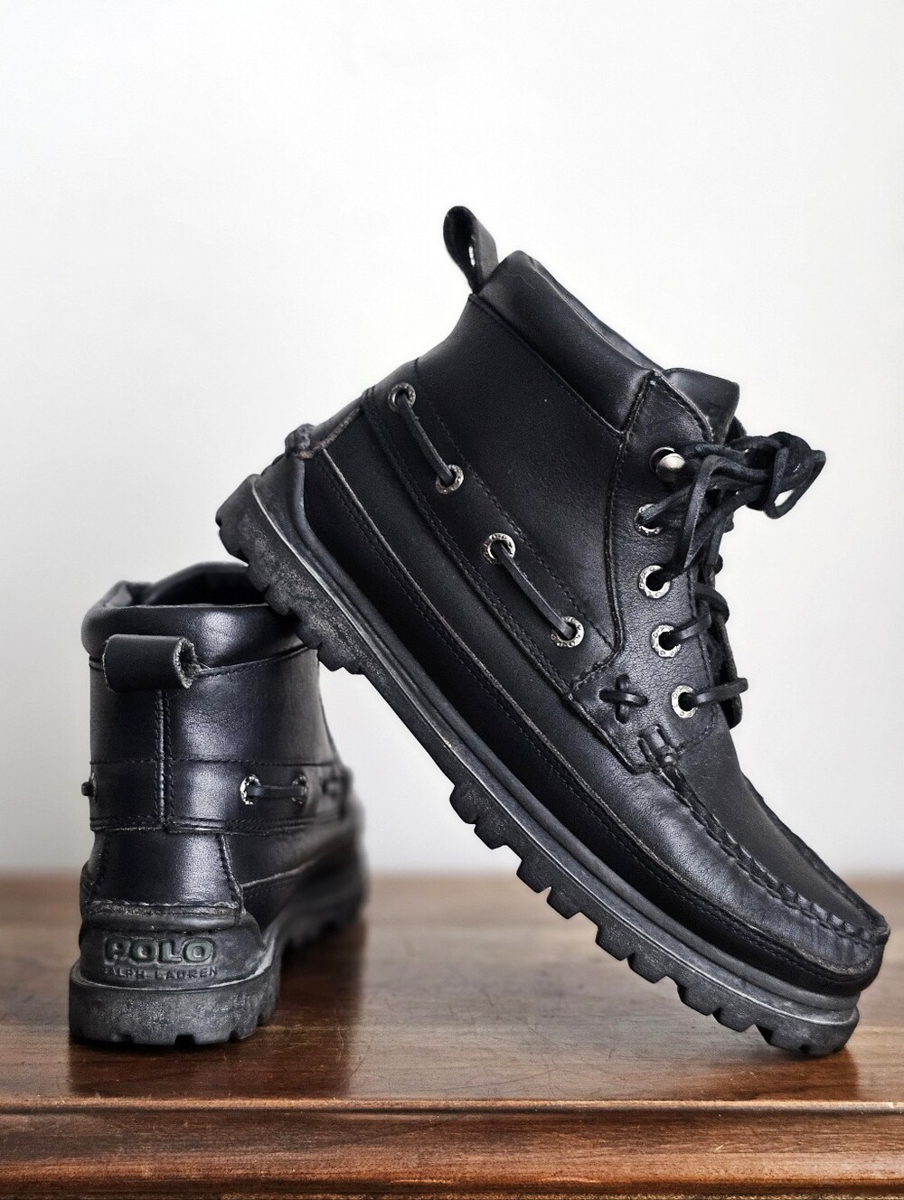 Polo Ralph Lauren Ranger WF4361 Women’s 7.5 Black Leather Moc Toe Lug Boots